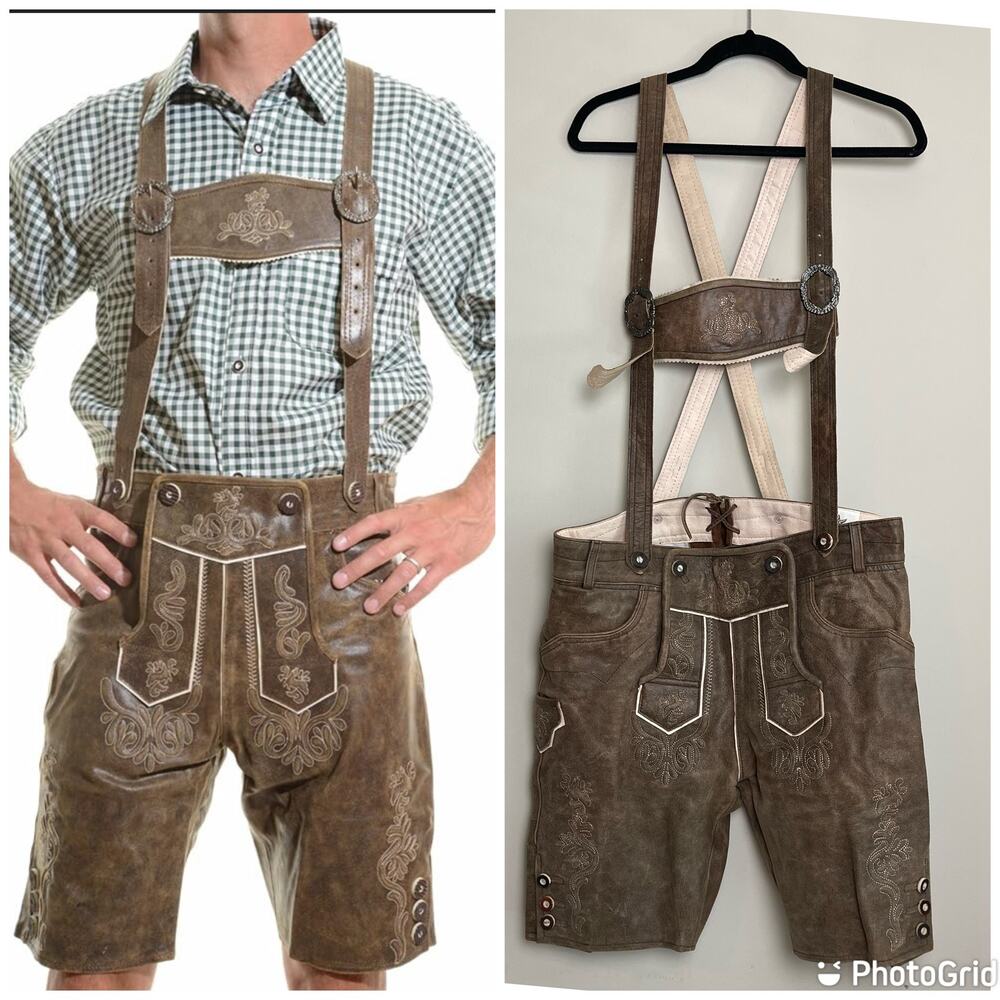 Lederhosen4U Suspenders Leather Medium Brown Embroidered Oktoberfest‎ Sz 52